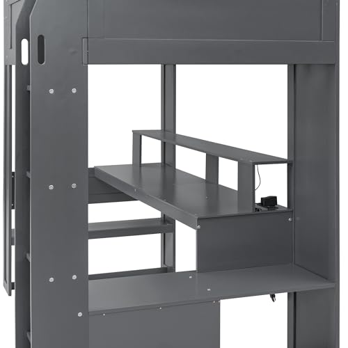 Gaming Bed with Desk,Wardrobe,Ample Storage Space,and RGB LED Light, Full Size Wood Loft Bed for Kids Bedroom (Cloud Blue/K)