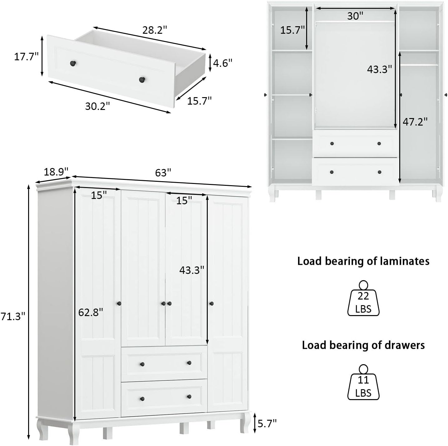 MOUMON Large 4-Door Wardrobe Closet with Doors and Shelves, Armoire Wardrobe Closet with Hanging Rod, Clothes Wardrobe with 2 Drawers