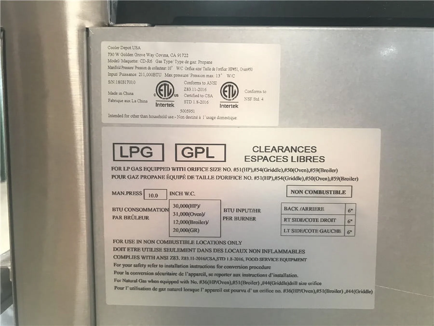 36" Width, 6 Burners, Commercial Range & Oven,  Natural Gas and Propane, NSF/ETL Certified, Thermostat