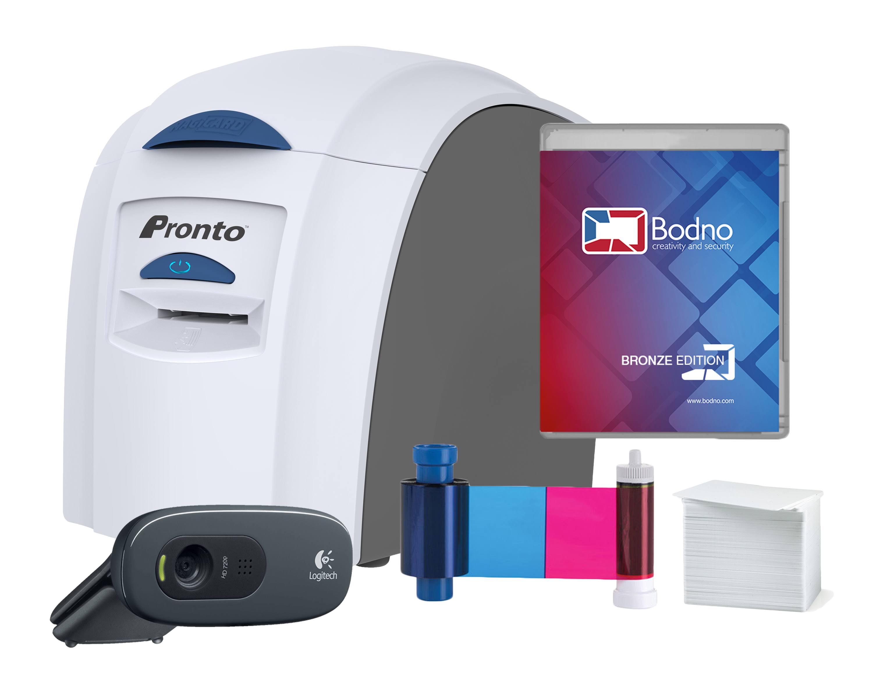 Magicard Pronto ID Card Printer & Complete Supplies Package with Bodno ID Software and Camera - Bronze Edition