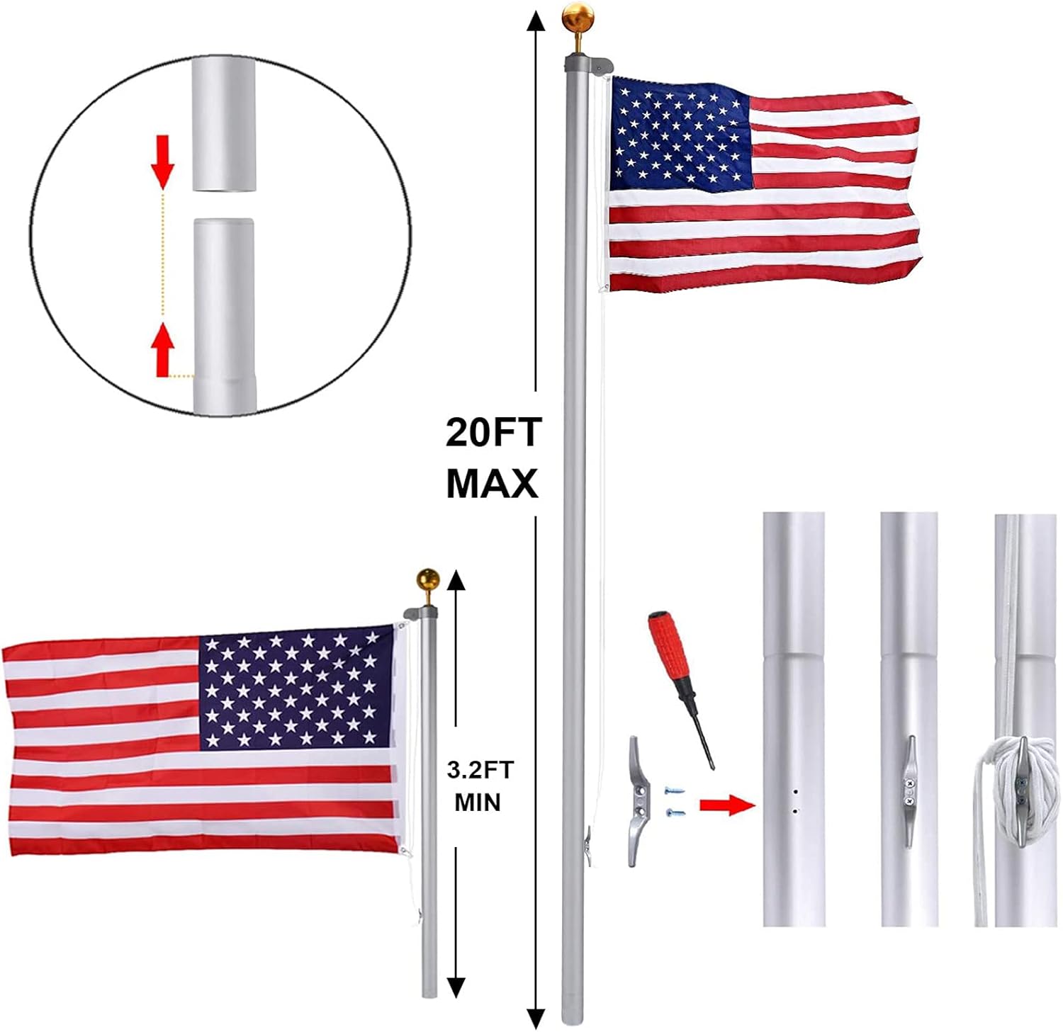 Klvied 20FT Sectional Flag Poles, Heavy Duty Aluminum Flag Pole Kit, Hardware Outdoor Garden Adjustable Pole with 3x5 American Flag and Golden Ball