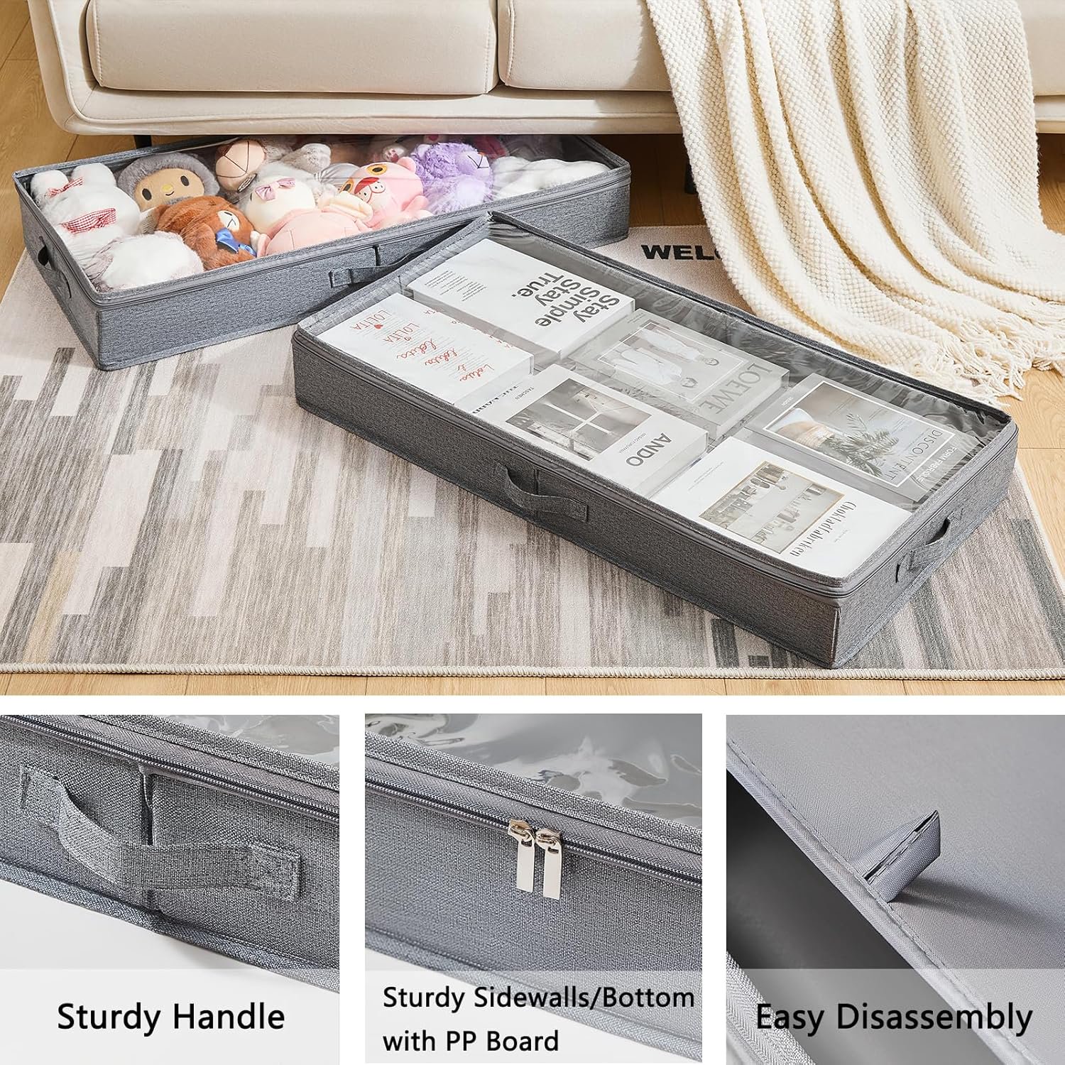 3 Pack Under Bed Storage Containers, Low Profile Underbed Shoes and Clothes Storage Organizer with Sturdy Sidewalls/Bottom, Large Dorm Storage Bins