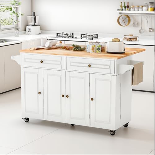 67’’ Movable Kitchen Island with Drop Leaf and Power Outlet, Lockable Sliding Countertop Rolling Island Cart with 2 Large Drawers, Spice, Towel Rack