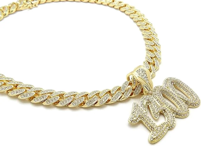 Hip Hop Iced Gold Plated Cubic Zirconia Rapper Style 1300 Bling Pendant & 12mm 16" Iced Cuban Box Lock Chain Necklace Set