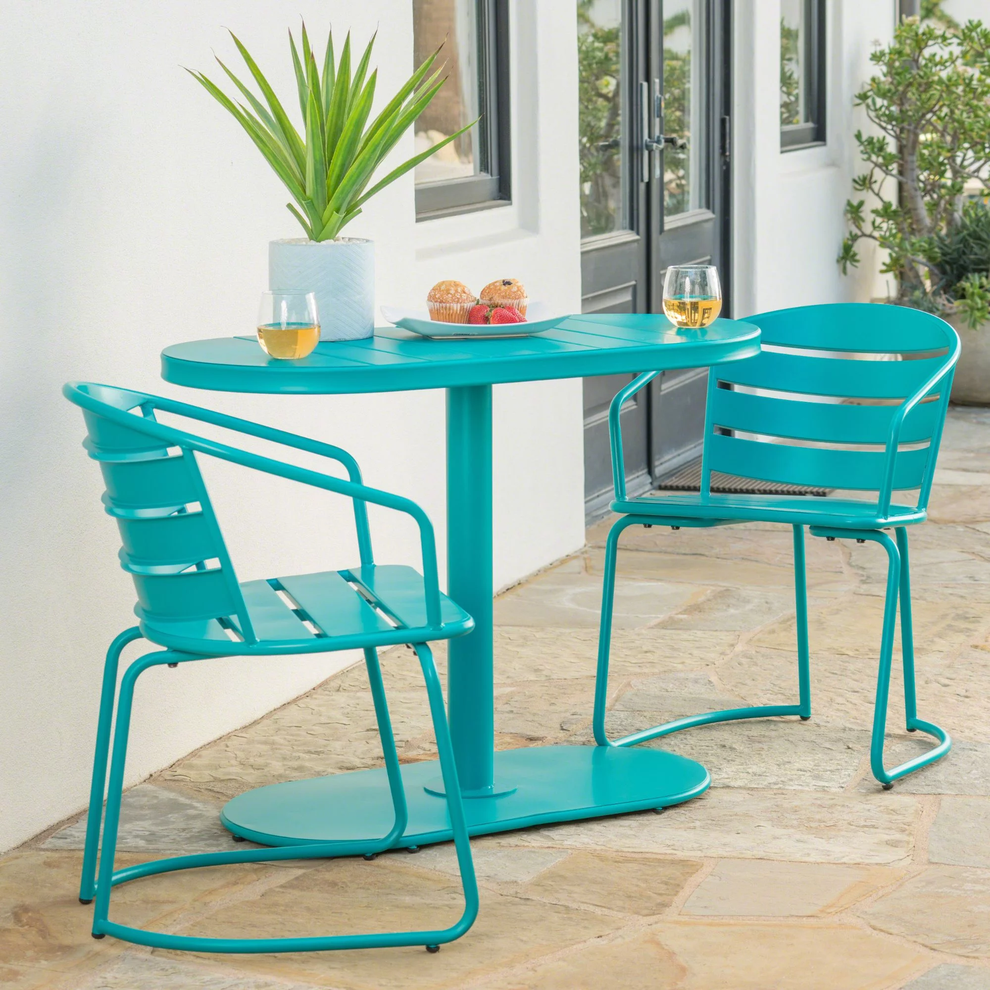 3-Piece Matte Teal Blue Handcrafted Outdoor Furniture Patio Bistro Set - Curated Treasures Market