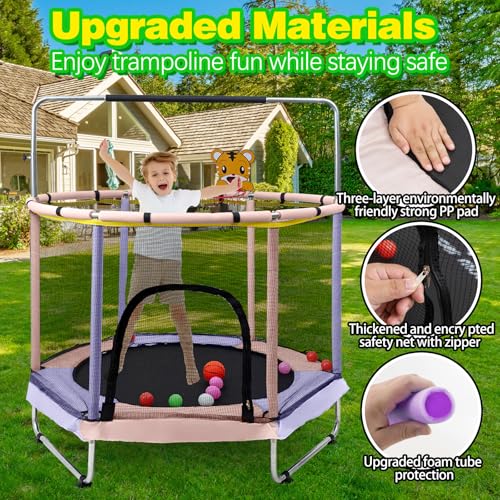 Trampoline for Kids, 5FT Adjustable for Toddler, Indoor/Outdoor Baby Trampoline with Enclosure Net, No-Gap Safe Design, Gifts for Boys & Girls