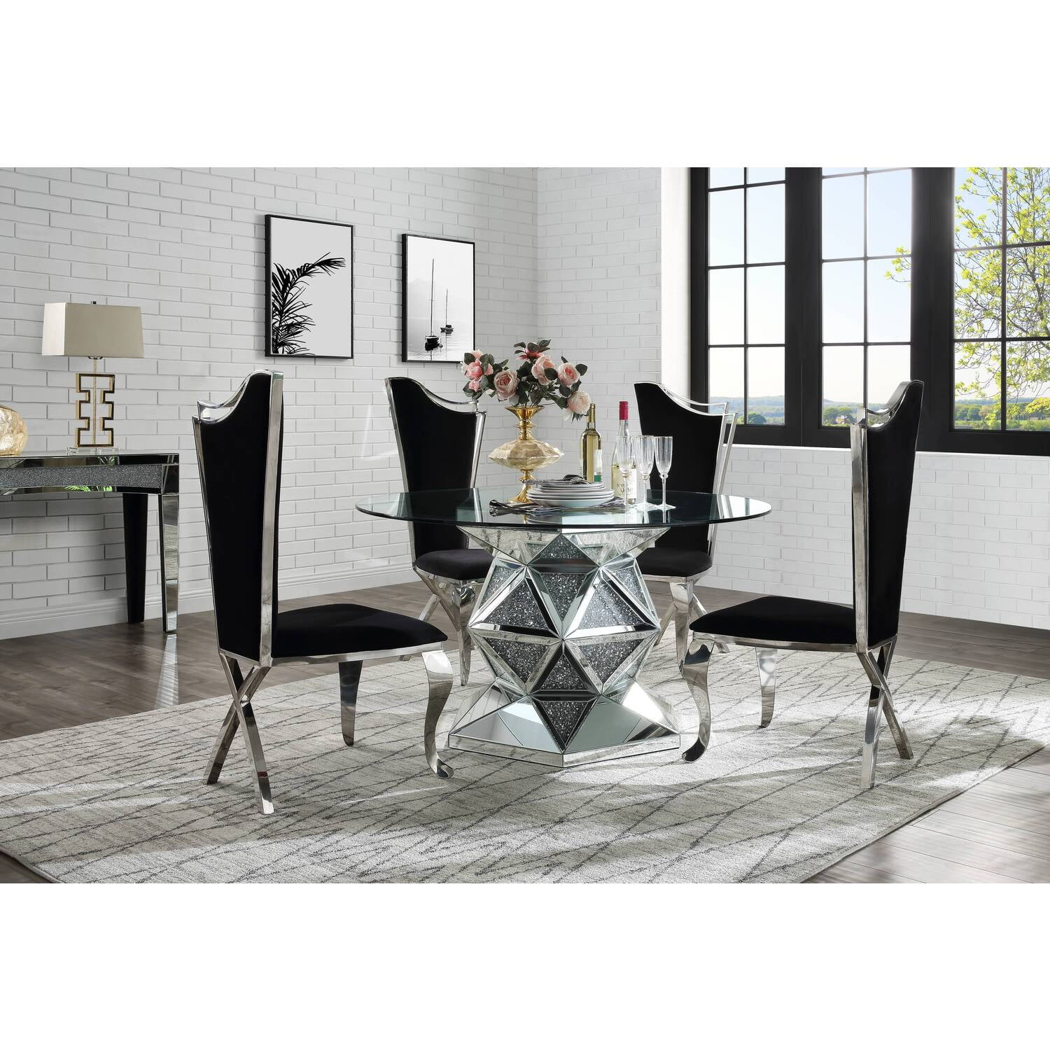 ACME Noralie Round Glass Top Dining Table in Mirrored and Faux Diamonds