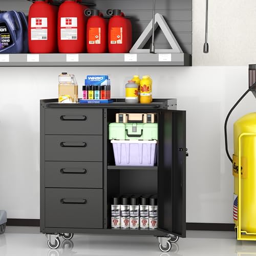 Mobile Tool Storage Cabinet with Wheels,Heavy Duty Rolling Tool Cabinets for Garage,Metal Storage Cabinets with 4 Drawer and 1 Locking Doors