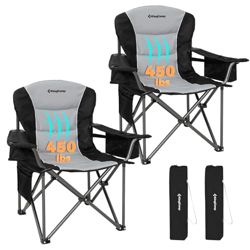 KingCamp Oversized Camping Folding Chair, Heavy Duty 450 LBS with Lumbar Support, Padded Outdoor Chair with Cup Holder