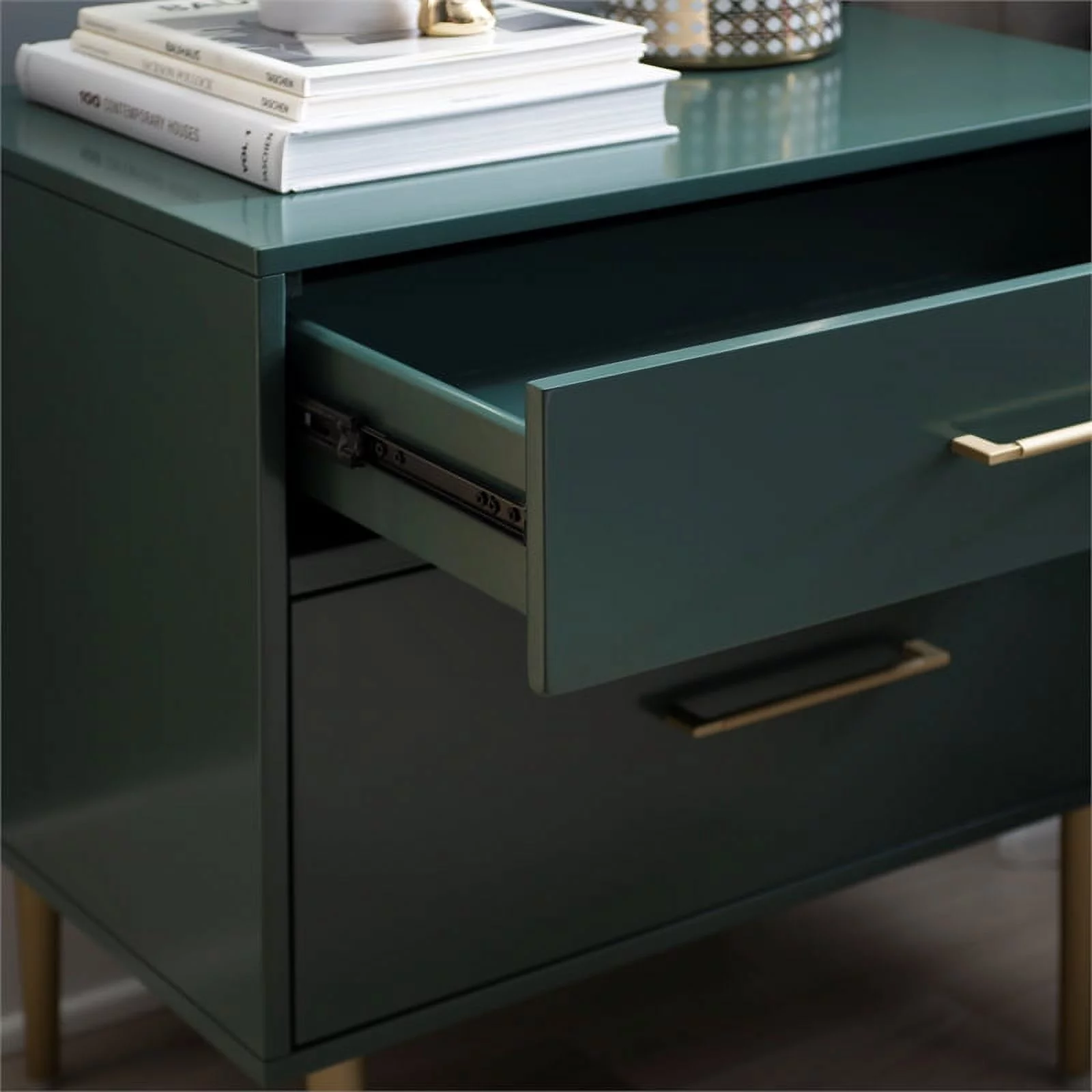 Allora Modern Two Drawer Wooden Nightstand with Two Drawers in Dark Green