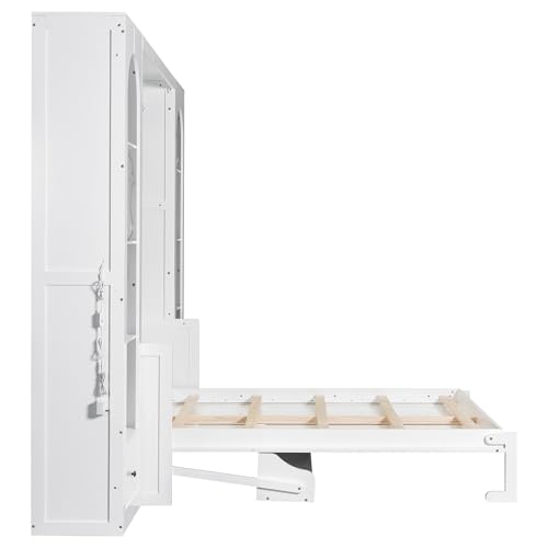 Merax Queen Size Murphy Bed, Wooden Queen Murphy Bed Wall Bed with Sofa and Cushion, for Home Office or Small Room, White