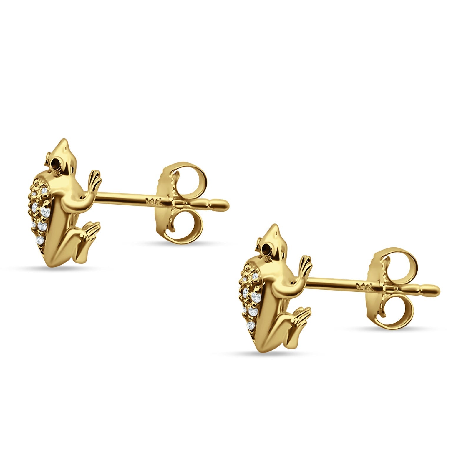 14K Yellow Gold Dainty Cute Animal Jewelry Diamond 0.08ct Frog Stud Earrings