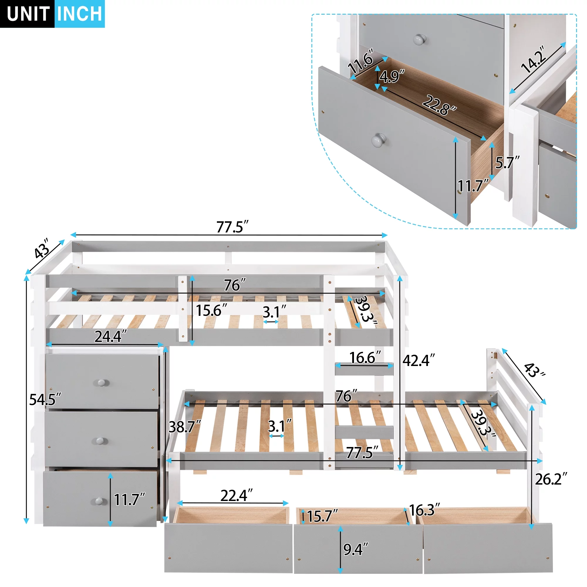 Euroco Twin over Twin Bunk Bed with Six Drawers for Kids Room, Gray