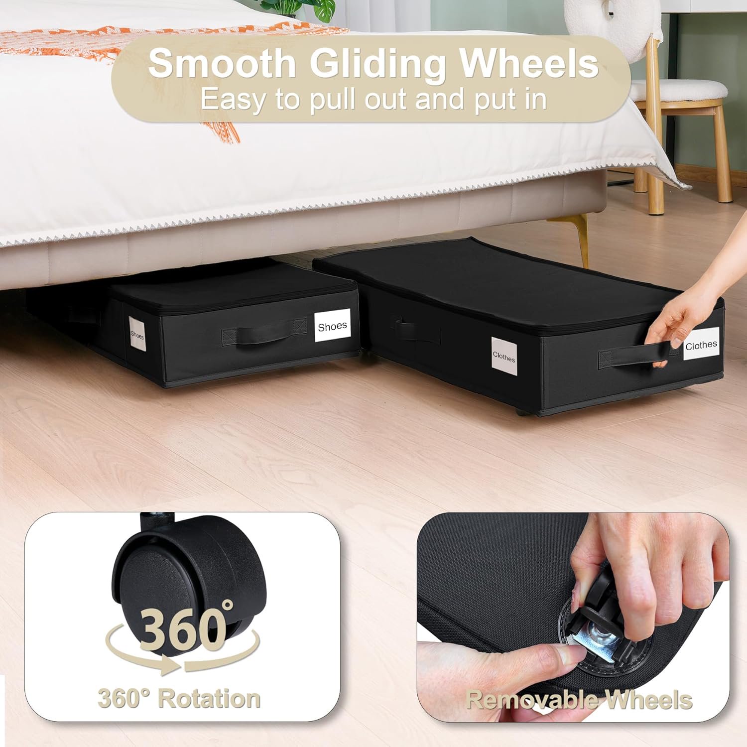 Under Bed Storage with Wheels, 2 Pack Under Bed Storage Containers with Label Holders for Clothes, Shoes and Blankets
