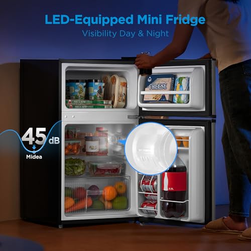 Midea WHD-113FB1 Double Door Mini Fridge with Freezer for Bedroom Office or Dorm with Adjustable Remove Glass Shelves Compact Refrigerator, 3.1 cu ft
