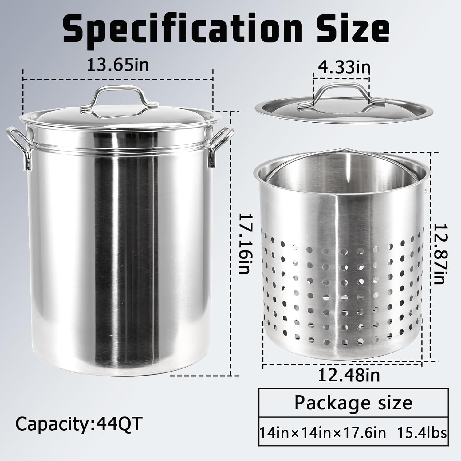 Stainless Steel Cookware Stock pot 44-Quart Outdoor Large Capacity Party Chicken Fish Steamed Seafood Clams Vegetables Multipurpose Stock Pot with