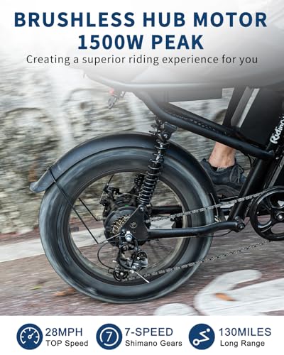 Riding'times 1500W Electric Bike for Adults Full Suspension, Long Seat Dirt Bike with 20" Fat Tire, Max 28/31MPH & 37-150 Miles