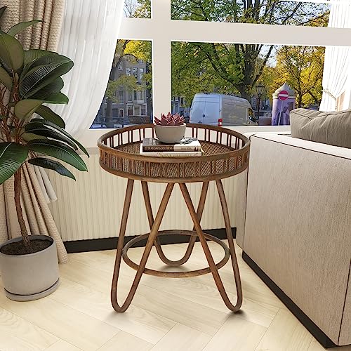 FINECASA Round Rattan Coffee Table, 32'' Wicker Boho Hand-Woven Top