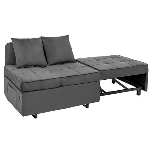 Sofa Bed 4-in-1 Convertible Pull Out Couch, Velvet Love seat Couch Sleeper Chair Bed with 2 Throw Pillow