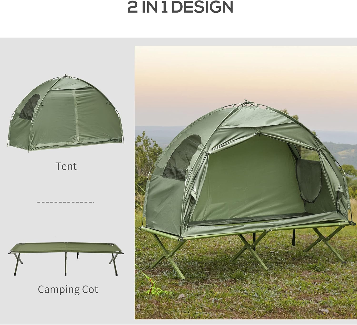 Outsunny 1 Person Compact Pop Up Portable Folding Outdoor Elevated Camping Cot Tent Combo Set