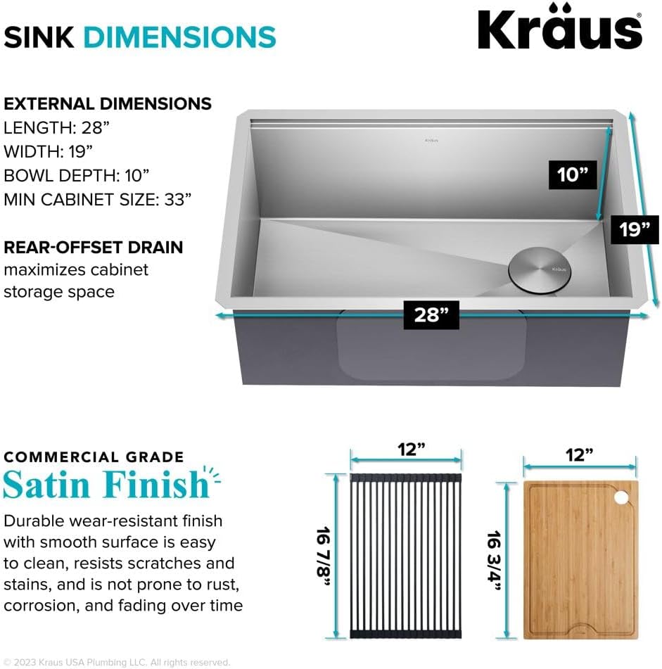 KRAUS Kore 28 Inch Undermount Workstation 16 Gauge Stainless Steel Single Bowl Stainless Steel Kitchen Sink with Accessories, KWU110-28