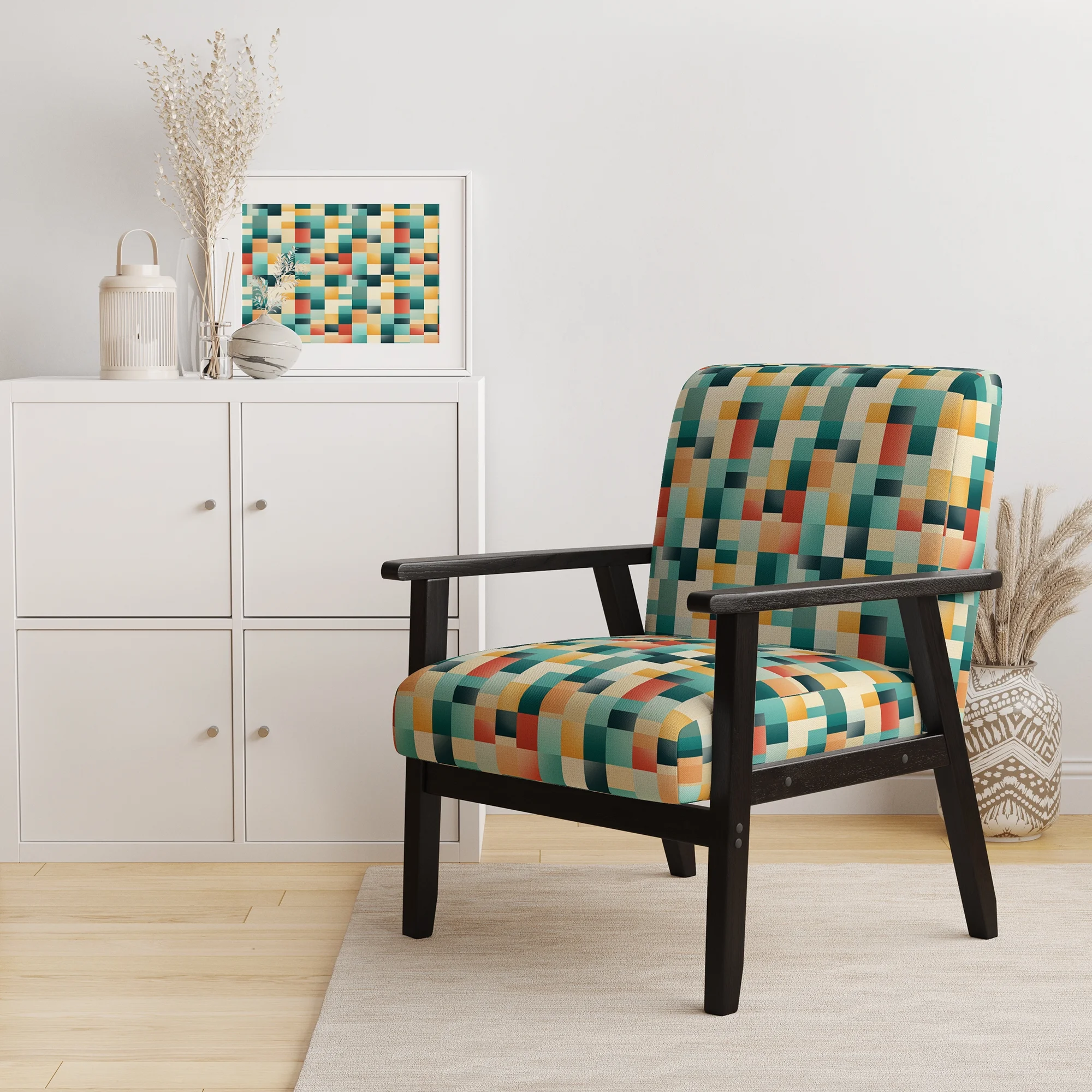 Designart "Orange And Green Popart Pop Culture Pixels I" Upholstered Striped Accent Chair and Modern & Contemporary Arm Chair