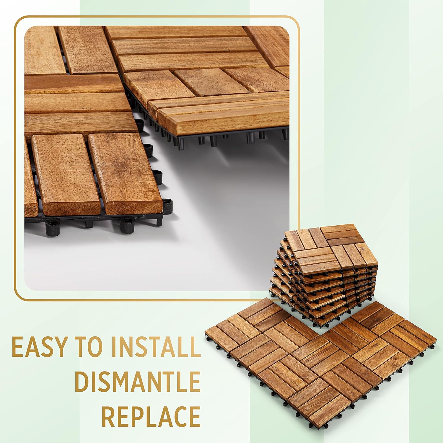 TAITIAT Solid Wood Interlocking Flooring Tiles (Pack of 10,12inx12in),Acacia Deck Tiles,Floor Tiles for Both Indoor and Outdoor Use