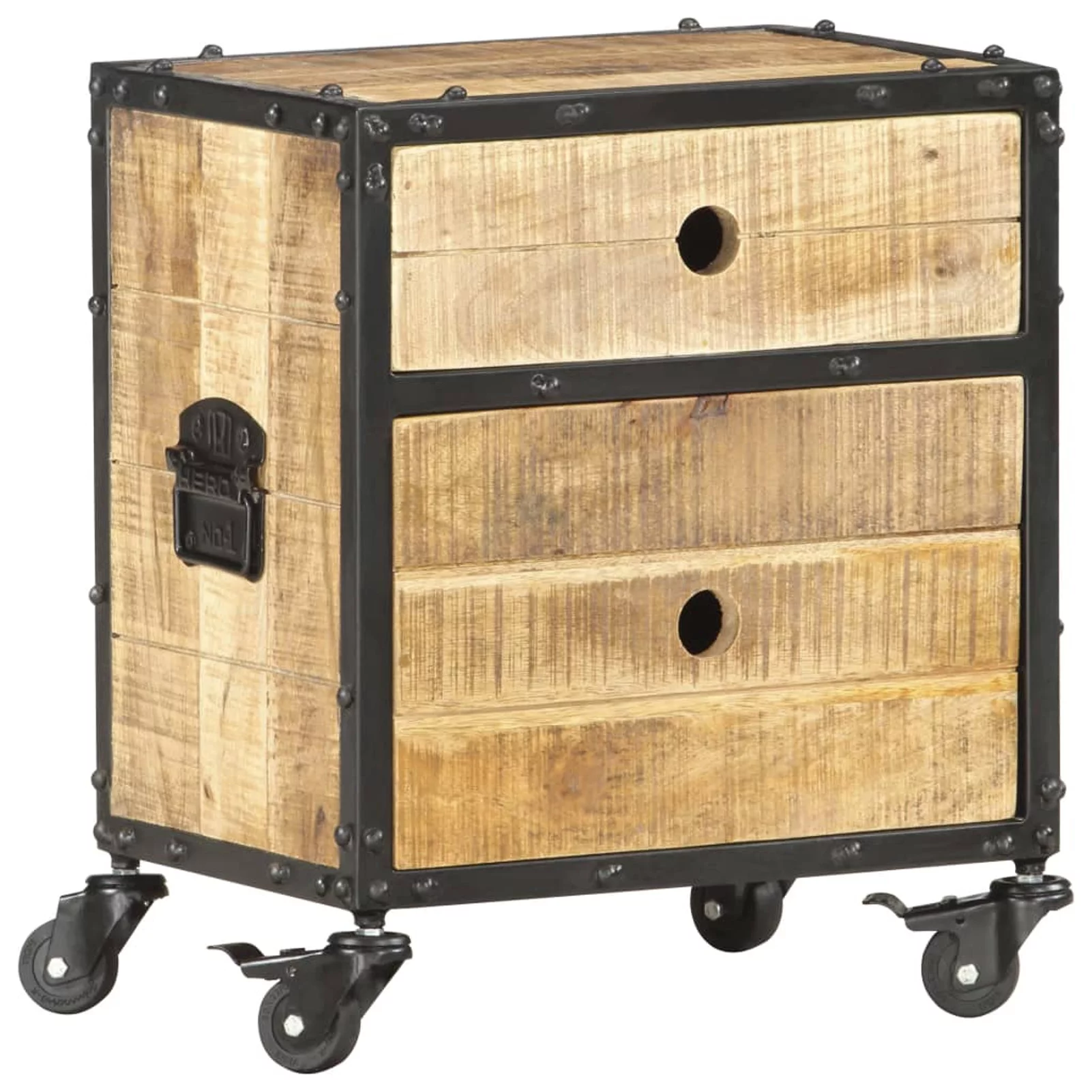 Anself Bedside Cabinet with 2 Storage Drawer and Wheels Rough Mango Wood Sofa End Side Table Nightstand for Living Room, Bedroom