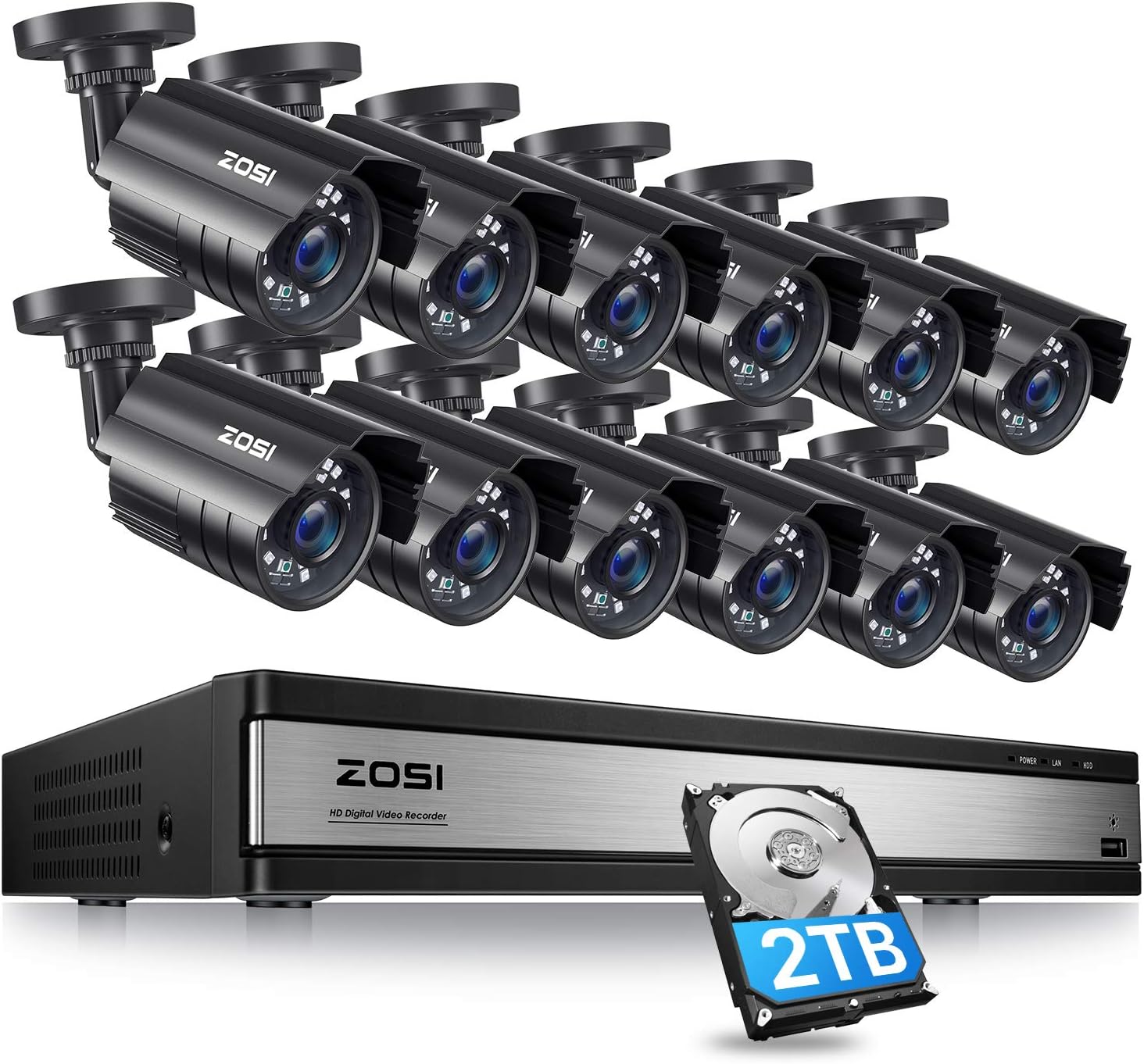 ZOSI 16CH 1080P Security Camera System with 2TB Hard Drive,H.265+ 16Channel 1080P HD-TVI DVR with 8PCS 1080P Outdoor Indoor Surveillance Cameras