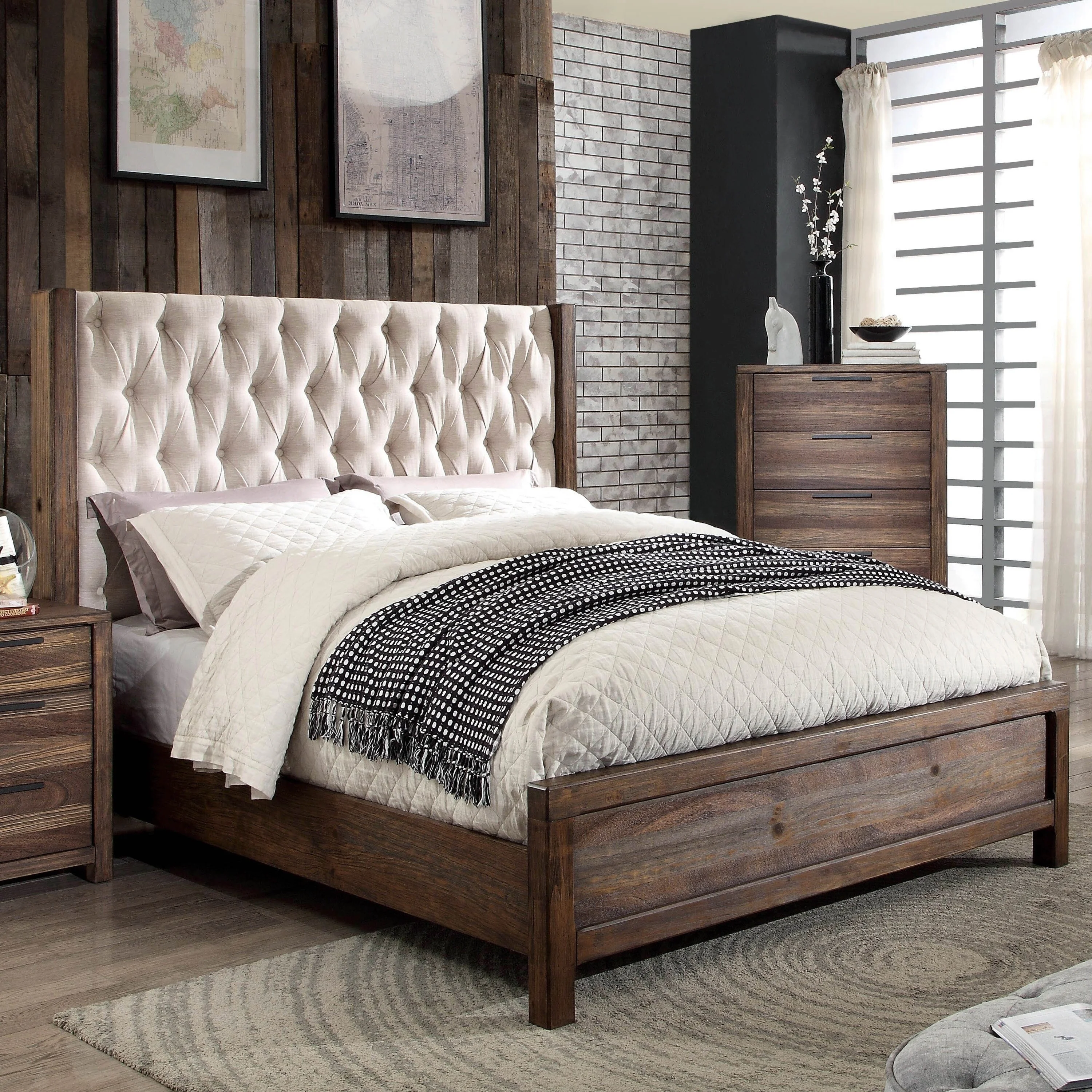 Furniture of America  Cuza Rustic Natural Linen Fabric Wingback Bed California King