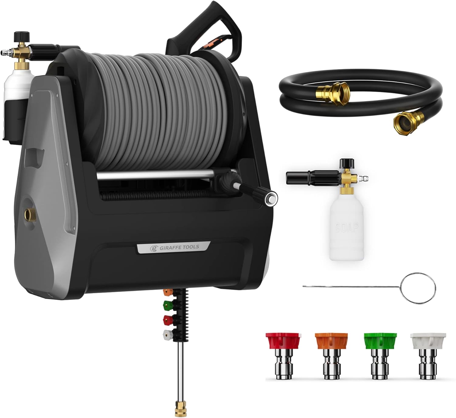 Giraffe Tools Grandfalls Pressure Washer Plus, Electric Wall Mount Power Washer with 100FT Retractable Ultra-Soft Pressure Hoses, 2200PSI, 2.4GPM