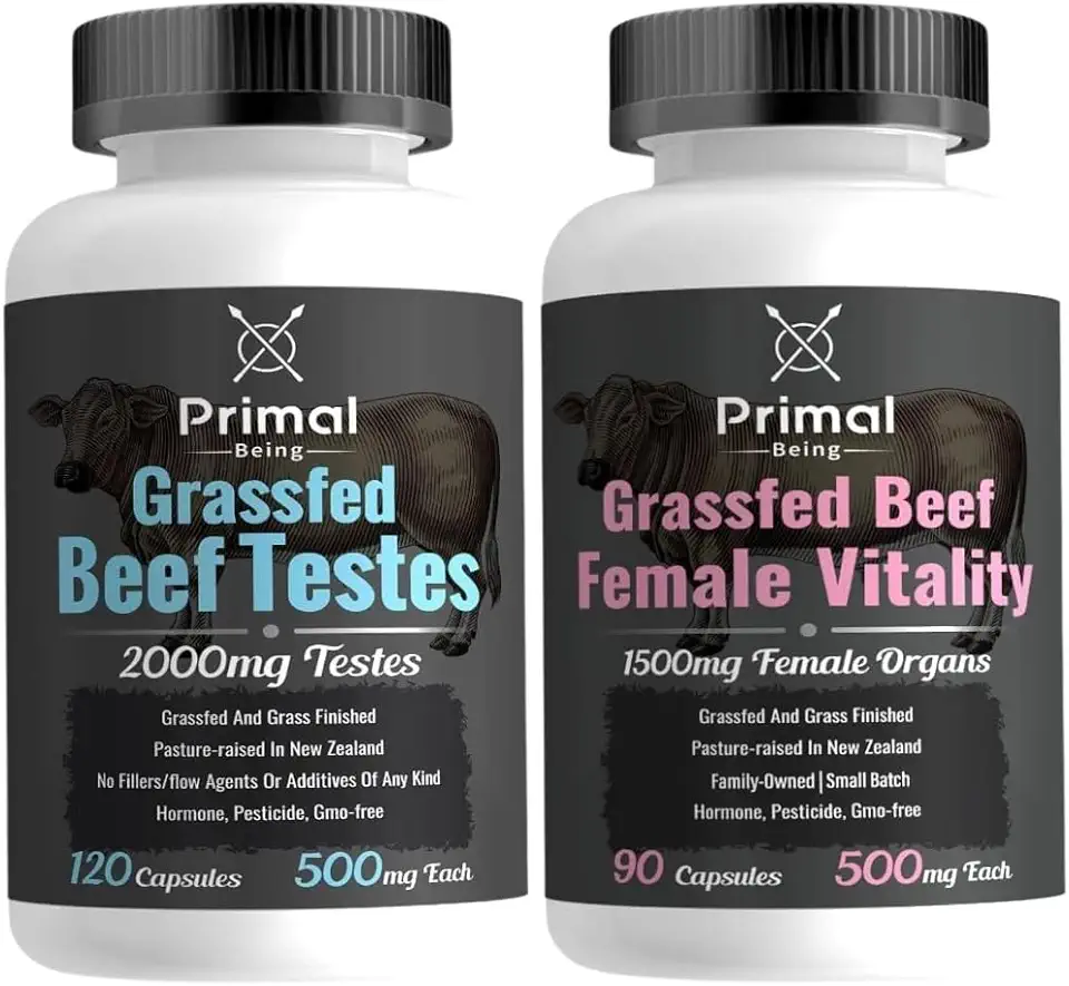 Primal Being Grassfed Beef Testes, 120 Capsules + Grassfed Beef Female Vitality Supplement, 90 Capsules - Kansas Nuitrition - HNZSDS