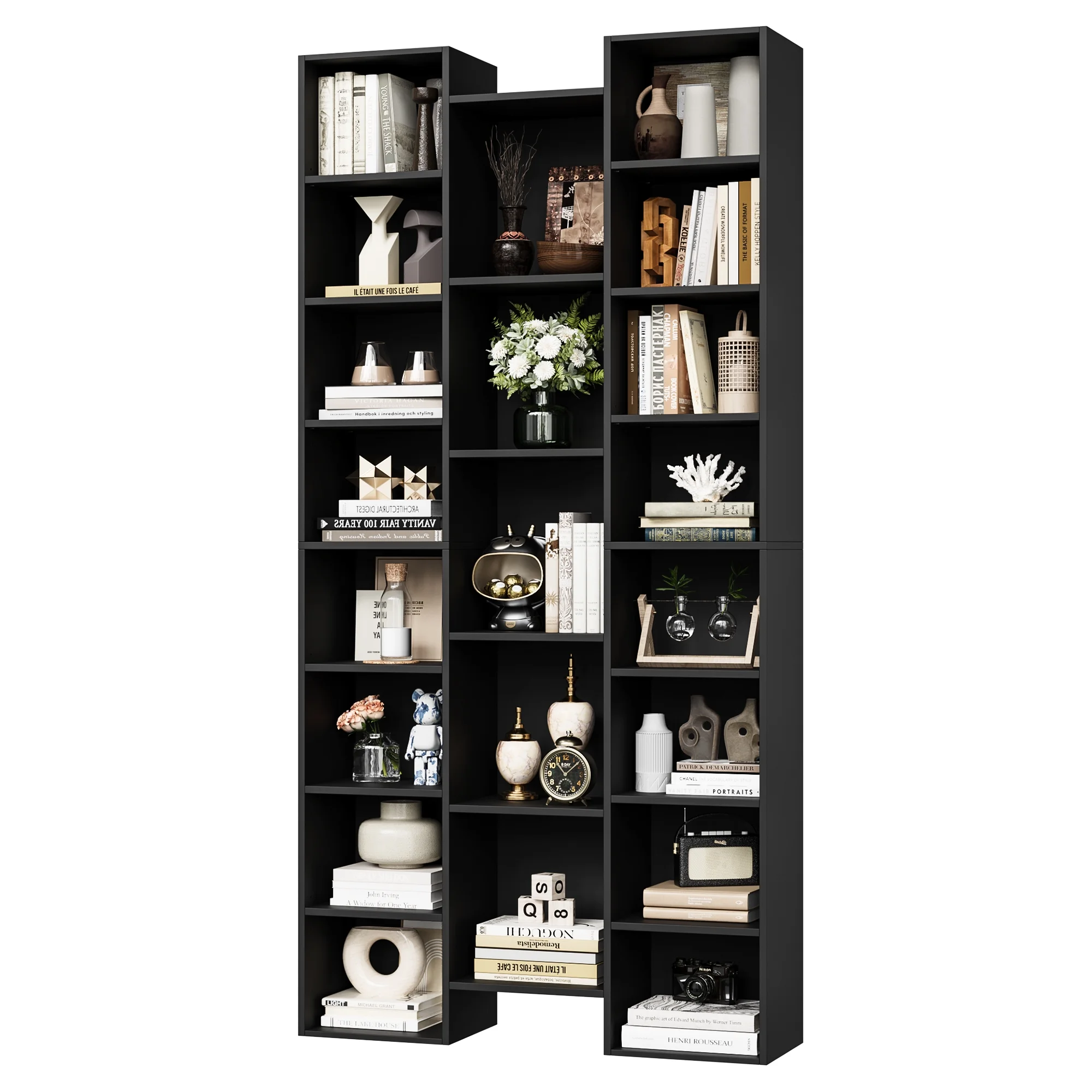 Homfa 21-Cube Bookcase and Bookshelves with Adjustable Shelves, Triple Width Open CD Display Storage Rack, Black