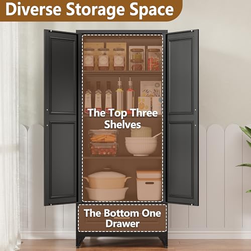 Pantry Cabinet, 71 Inch Tall Kitchen Storage Cabinet, Metal Pantry Cabinet with Doors and Adjustable Shelves, Black Food Cupboard