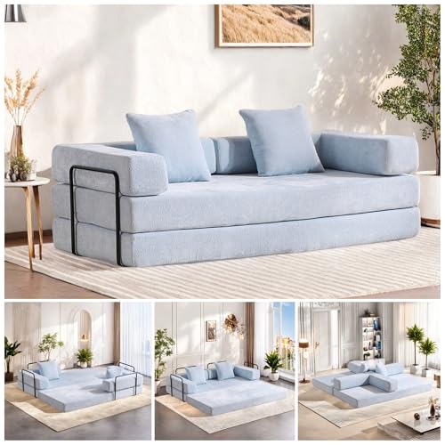 Convertible Floor Sofa Bed, Foldable Mattress Cloud Couch with Pillow Back & Armrest, Chenille Sleeper Sofa Bed with Fixed-Shape Frame