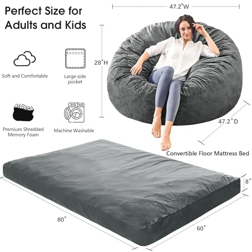 Bean Bag Chairs for Adults - Giant Bean Bag Chair Convertible Bean Bag Bed - Beanbag Chair with Micro Fiber Cover/Furniture Foam Filler