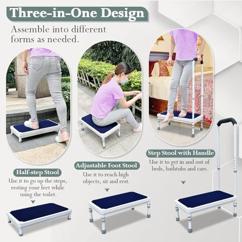 Medical Step Stool with Handle Bed Steps for High Beds for Adults Elderly 3-in-1 Safety Bed Handle Bedside Assist Handicap Wide Foot Step Stool for