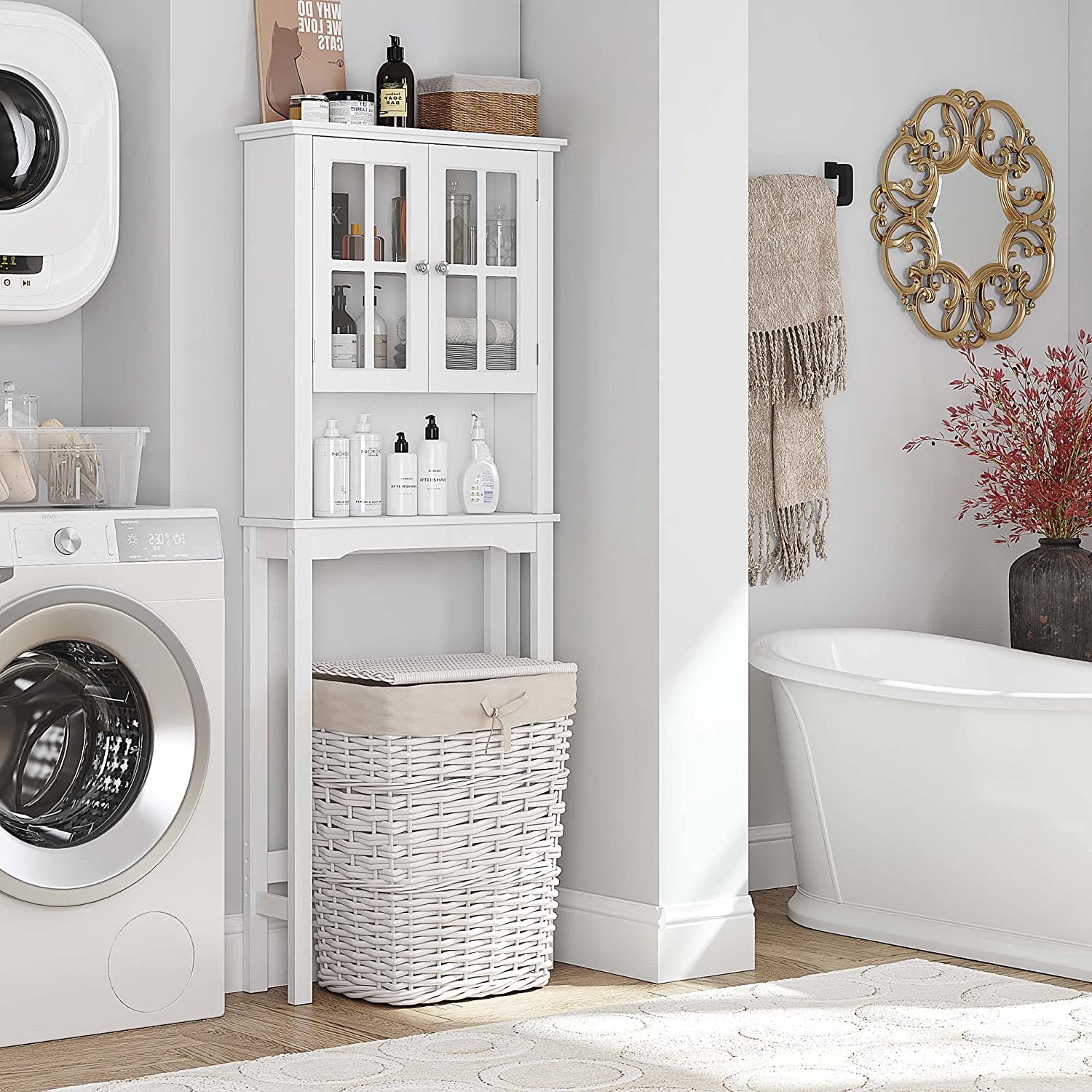 Spirich Home Bathroom Cabinet Over The Toilet, Bathroom Storage Cabinet with Windowpane Glass Doors and Adjustable Shelves