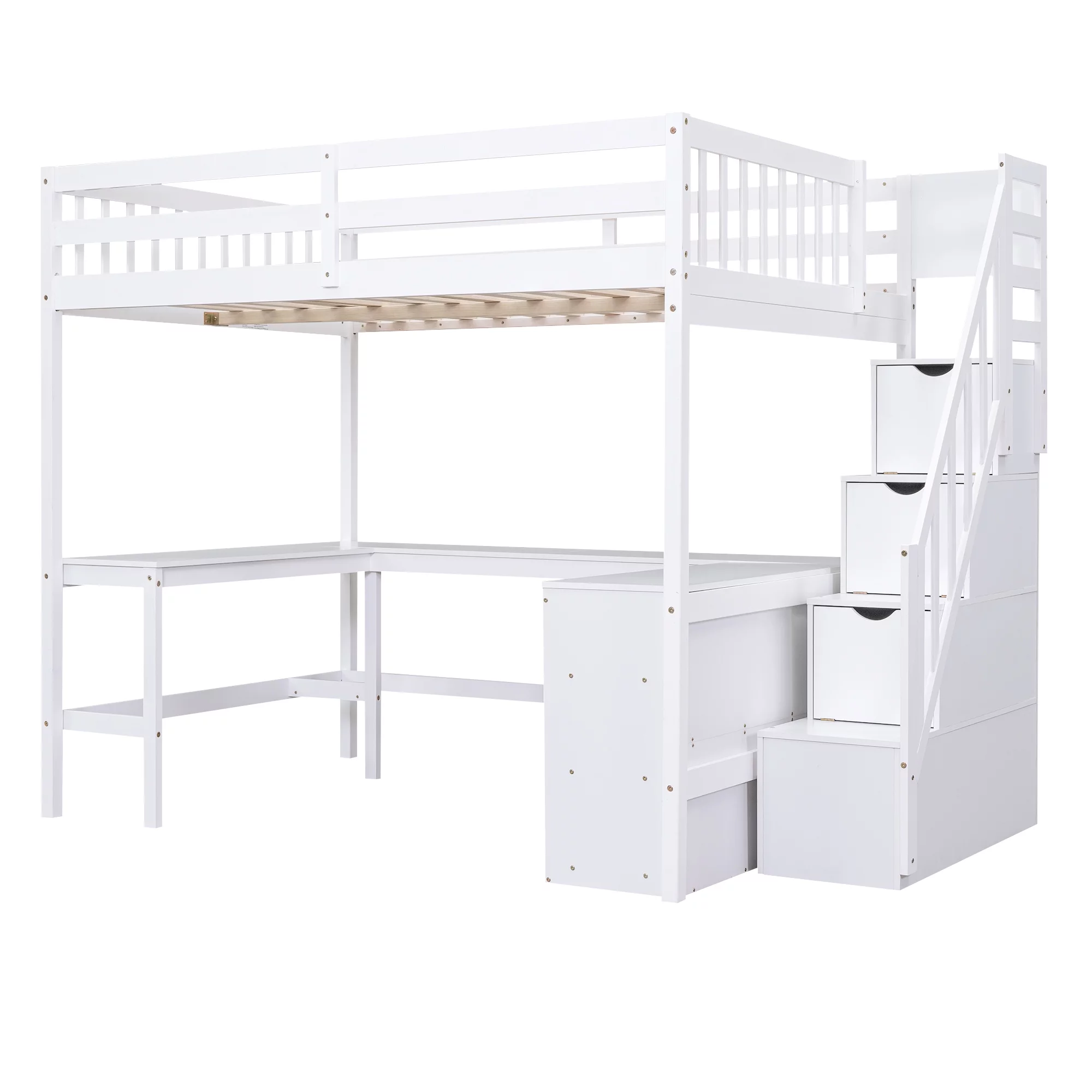 EUROCO Wood Full Size Loft Bed with Desk, Shelf and Storage Staircase for Kids Teens Adults, Built-in Desk with Bookscase for Working Station