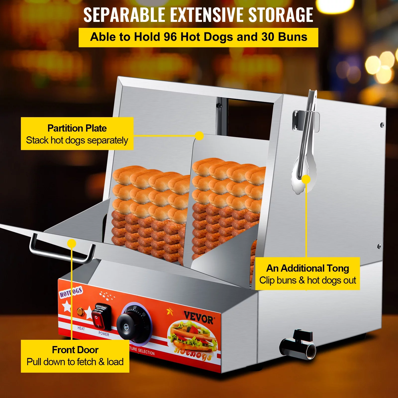 VEVOR Hot Dog Steamer, 36L/32.69Qt, Classic Hut Steamer for 96 Hot Dogs & 30 Buns