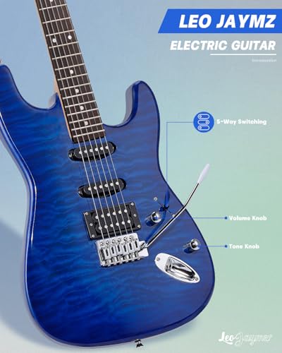 Leo Jaymz 39" Full Size ST Style Electric Guitar Starter Kit with SSH Pickup, 5W Portable Amp, Tuner, Gig Bag, Strap & Accessories (Violet Ocean)