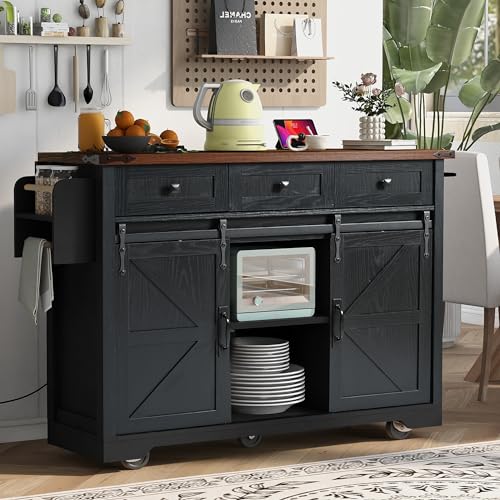 Farmhouse Kitchen Island with Power Outlet, 2 Sliding Barn Door Kitchen Storage Island with Drop Leaf, Spice Rack Rolling Kitchen Cart on Wheels