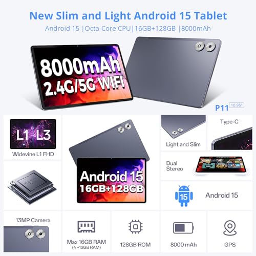 2025 Android 15 Tablet with Keyboard, 16GB+128GB 11 Inch Octa-Core 2-in-1 Tablets Dual Camera 5+13 MP, 5G/2.4G WiFi, 8000mAh, BT5.0, GMS Certified