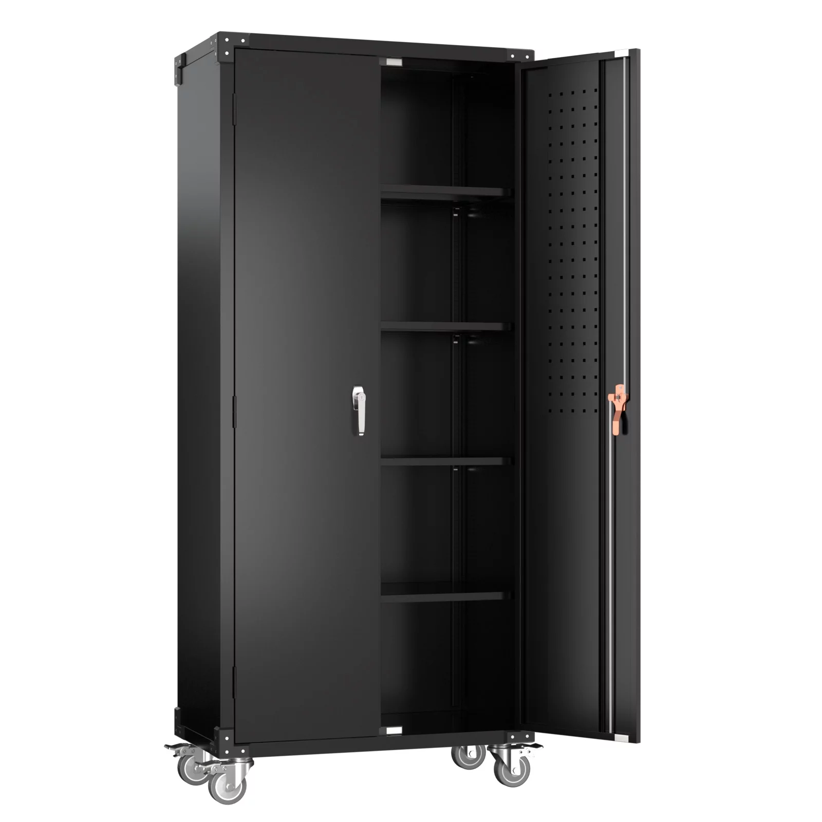 SUPEER 72 Inches Black Metal Storage Cabinet with Wheels and Pegboard, Rolling Storage Garage Cabinet with Adjustable Shelves and Door for Garage