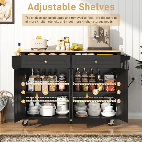 55" Movable Kitchen Island with Drop Leaf and Power Outlet, Rolling Island Cart w/Storage Cabinet, Island Table on Wheels for Kitchen w/2 Drawers