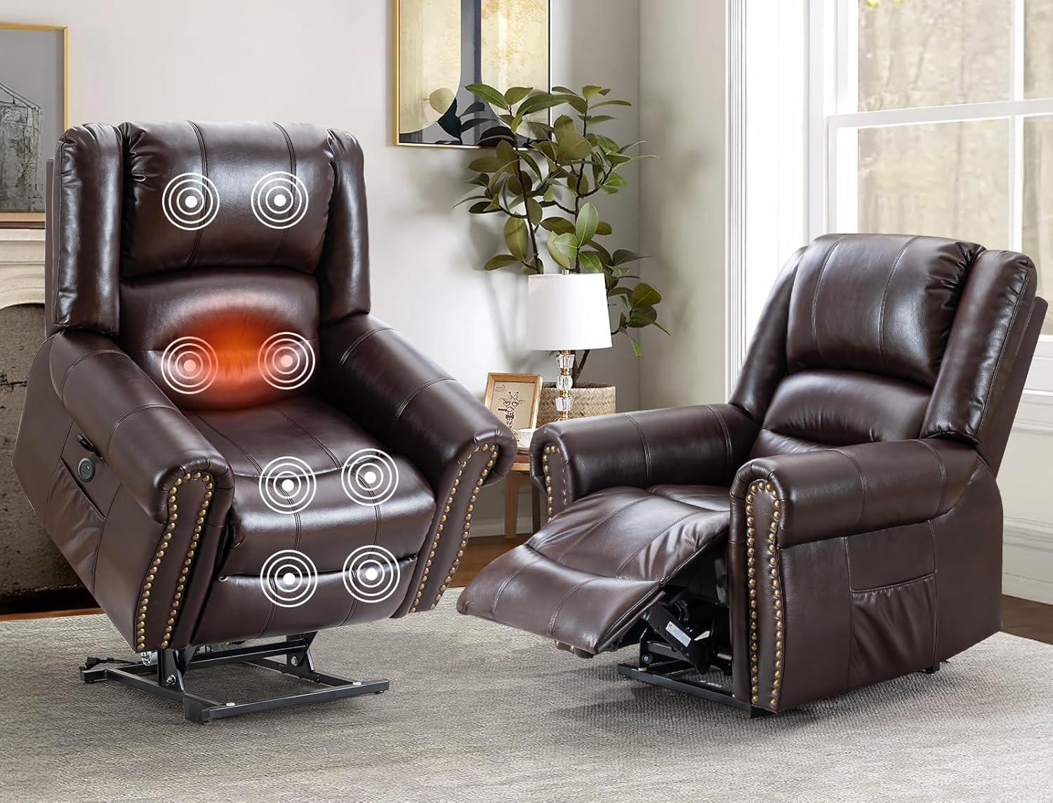 Lay Flat Dual Motor Power Lift Recliner Chair with Massage and Heat for Elderly, Breathable Leather Overstuffed Lift Chairs