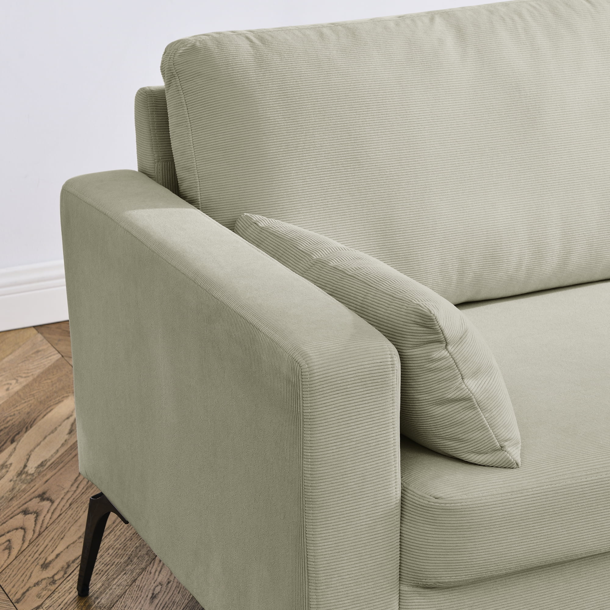 3-Seater Sofa with Square Arms and Tight Back, with Two Small Pillows,Corduroy Beige