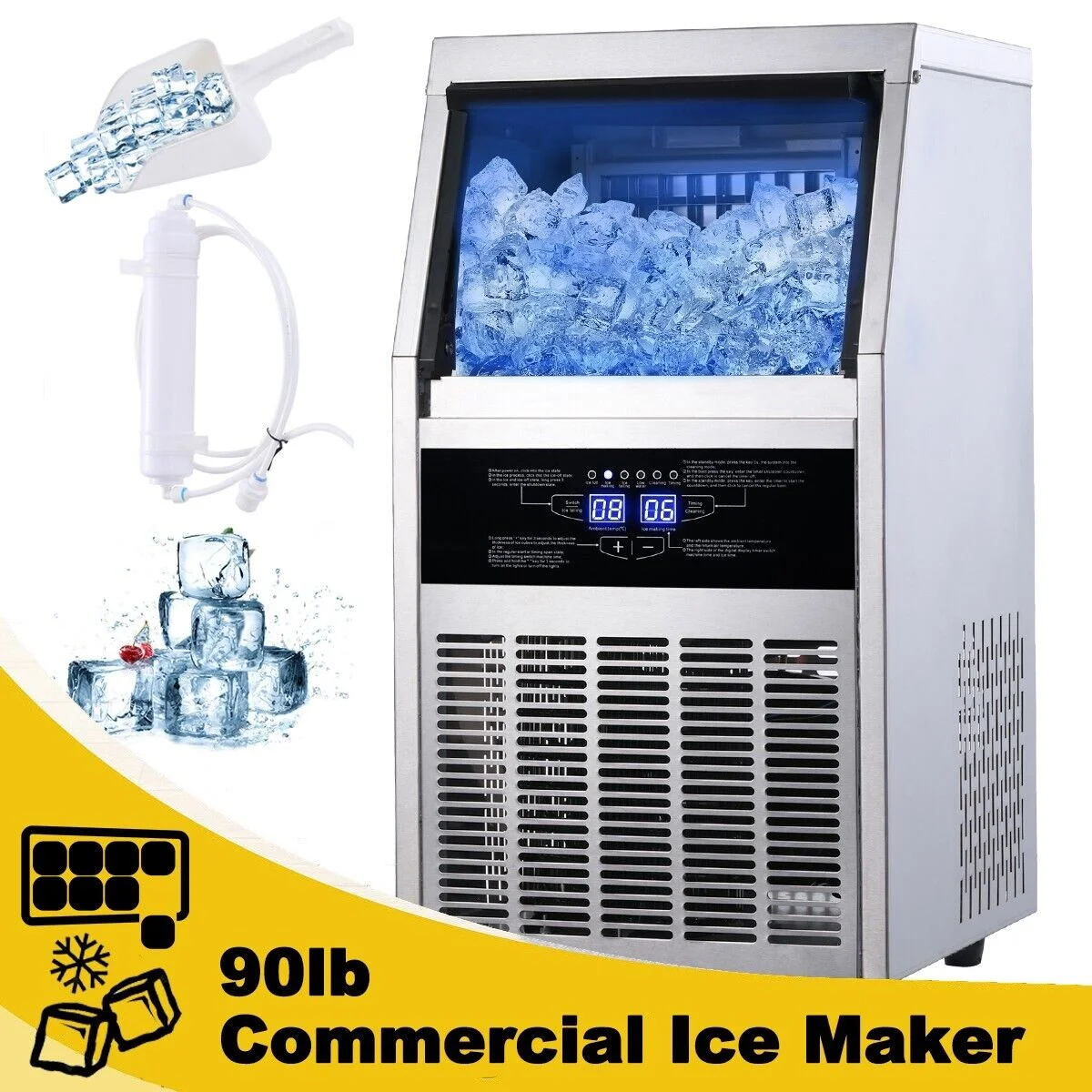 Commercial Ice Maker 90lb Stainless Steel Bar Restaurant Built-in Cube Machine