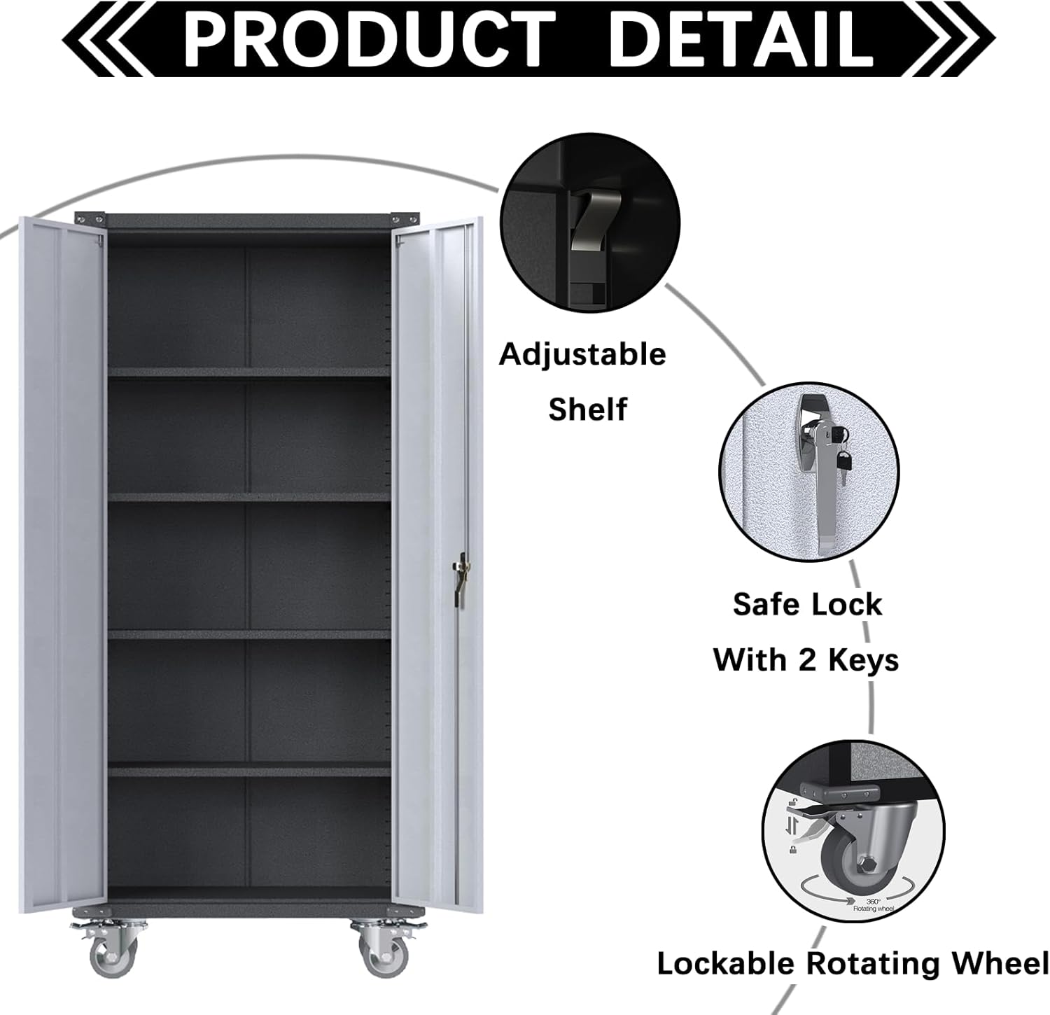 71'' Locking Metal Cabinet with 2 Door and 4 Adjustable Shelves, Lockable Garage Storage Cabinet on Wheels, Rolling Tool Cabinets for Utility Room