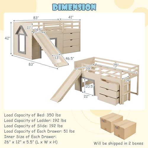KOMFOTT Twin Low Loft Bed with 3 Storage Drawers & Underneath House, Wood Loft Bed with Slide, Ladder, Guardrails & Under-Bed Play Space